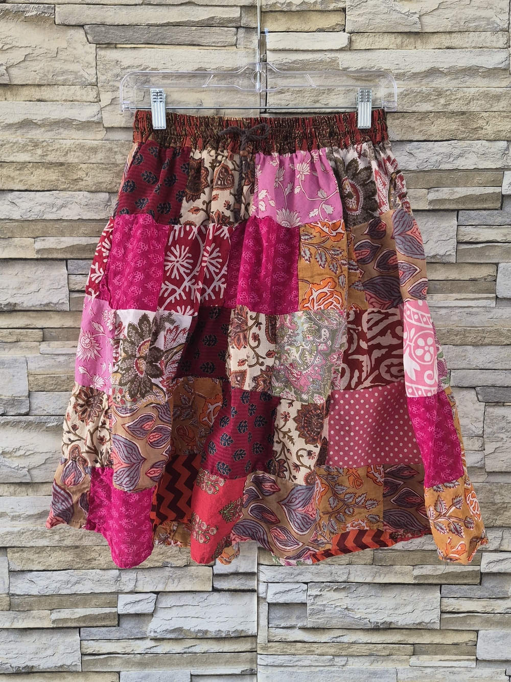 Boho Patchwork Midi Skirt Women's S/M Pink Maroon Floral Paisley Tiered Cotton
